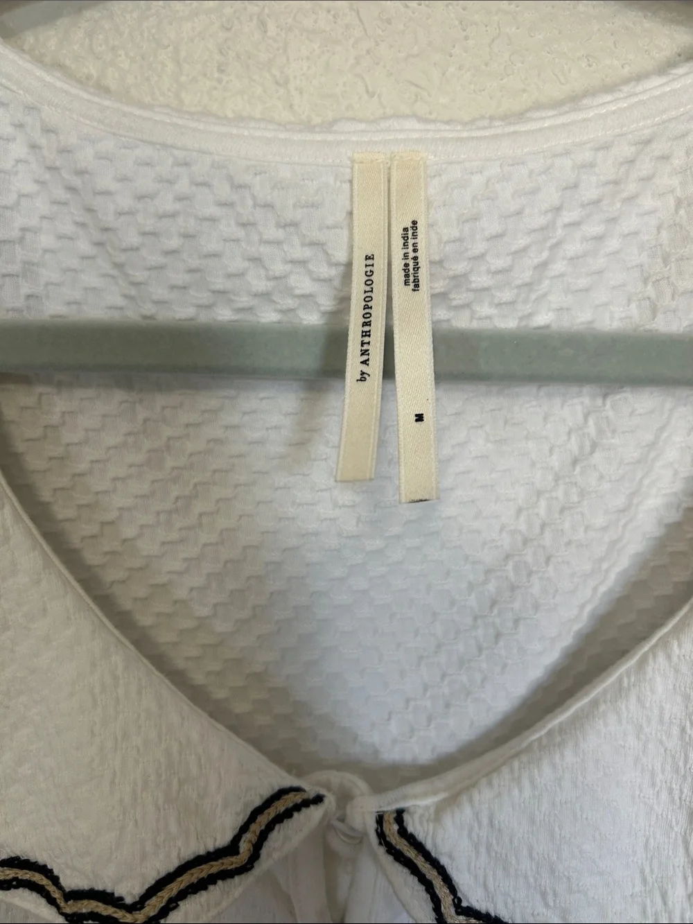 Anthropologie White Blouse with Black Embroidery